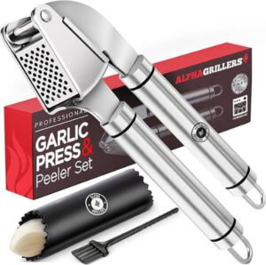 Alpha Grillers Garlic Press Stainless Steel Premium Garlic Mincer with Silicone Garlic Peeler