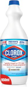 Clorox Liquid Bleach 950ml, Kills 99.9% of Viruses and Bacteria, Inhibits Bacteria Growth for 48 Hours, Removes Stains