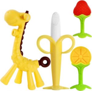 ECVV 4 Pack Baby Teething Toys Set Silicone Fruit Shape Giraffe Baby Teethers - افضل انواع عضاضات الاطفال