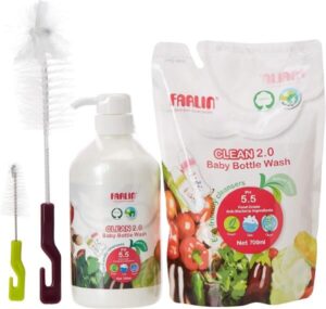 Farlin Combo Set Wash & Brush 700ml + 700 ml refill + Bottle Brush - أفضل غسول رضاعات