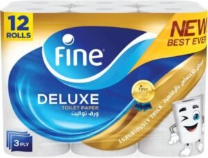 Fine Deluxe, Highly Absorbent, Sterilized, Soft & Strong, Flushable Toilet Paper, 3 Plies, Pack of 12 Rolls - افضل مناديل حمام