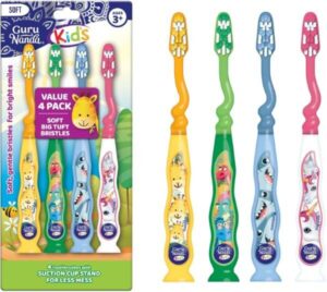 GuruNanda Kids Toothbrush with Suction Cup & Fun Animal Designs Soft Bristles for Healthy Gums - افضل فرشاة اسنان للاطفال