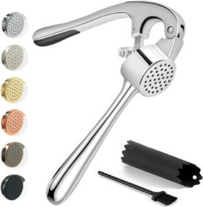 KITESSENSU Premium Garlic Press Garlic Mincer Set with Silicone Roller Peeler & Cleaning Brush - افضل هراسة ثوم