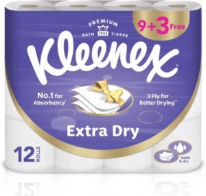 Kleenex Extra Dry Toilet Tissue Paper, 3 PLY, 12 Rolls x 140 Sheets, Embossed Bathroom Tissue with Superior Absorbency - افضل مناديل حمام
