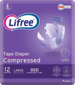 Lifree Compressed Adult Diaper Tape Large Size 8 Cup Absorbency 12 Pieces