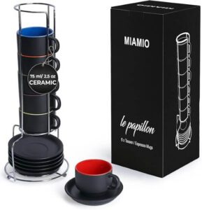 MIAMIO - 6 x 75 ml Stoneware Espresso Mug-Cup Set Outside Black Inside Colourful - افضل انواع فناجين القهوة