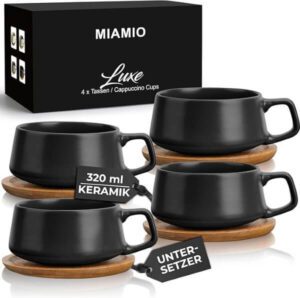 MIAMIO – 320 ml Set of 4 Ceramic Tea Cup and Saucer Bamboo-Tea Mug Wide Cappuccino Cup - افضل انواع فناجين القهوة