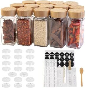 MONICA 14 Glass Spice Jars with Bamboo Airtight Lids and 5 Types of Spice Labels-4oz Empty Square Spice Bottles - افضل علب بهارات