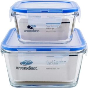 Mondex 2Pcs 400ml& 900mlSquare Glass Food Storage Container With Blue Lid Cmn0241-47 - أفضل أنواع علب حفظ الطعام