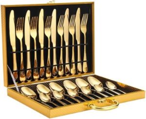 Monoptilon 24 pieces Stainless Steel Cutlery Set Gold with Premium Wooden Box Serve for 6 افضل طقم ملاعق