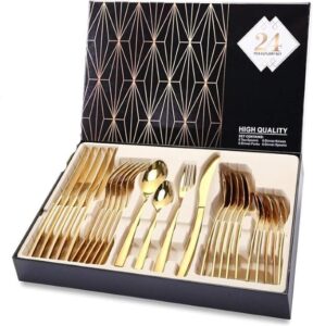 SKY-TOUCH Stainless Steel Cutlery Set 24-Piece Set of Golden Tableware Western-Style Kitchen Tableware - افضل طقم ملاعق