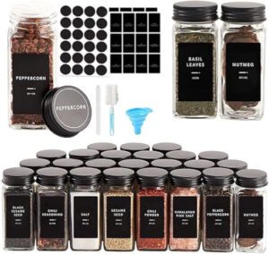 VINNYSEN 25 Spice Jars with 48 Labels Glass Spice Jars with Black Metal Caps - افضل علب بهارات