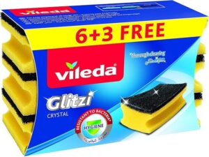 Vileda Glitzi Crystal Sponge 6+3 pcs high foam dishwashing scourer For daily tough dirt - افضل اسفنج مواعين