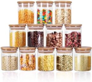 Yibaodan Glass jars set 8oz 12 set spice jars with bamboo airtight lids and labels