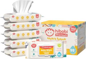 hibobi 99% Pure Water Baby Wipes With Aloe Gentle Cleansing Baby Wipes 6X60 360 Baby Wet Wipes(6 Packs)